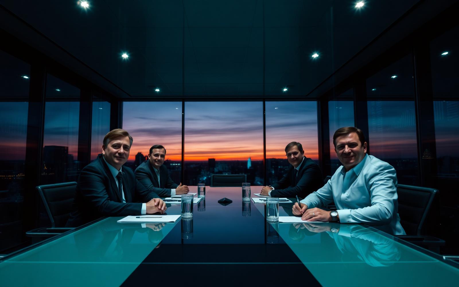Executivos em reunião de conselho ao anoitecer