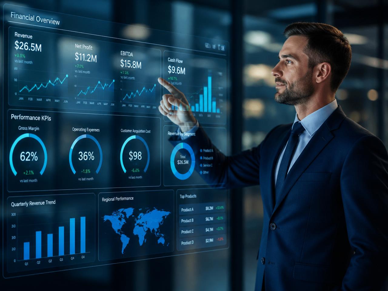 Executivo interagindo com dashboard de KPIs